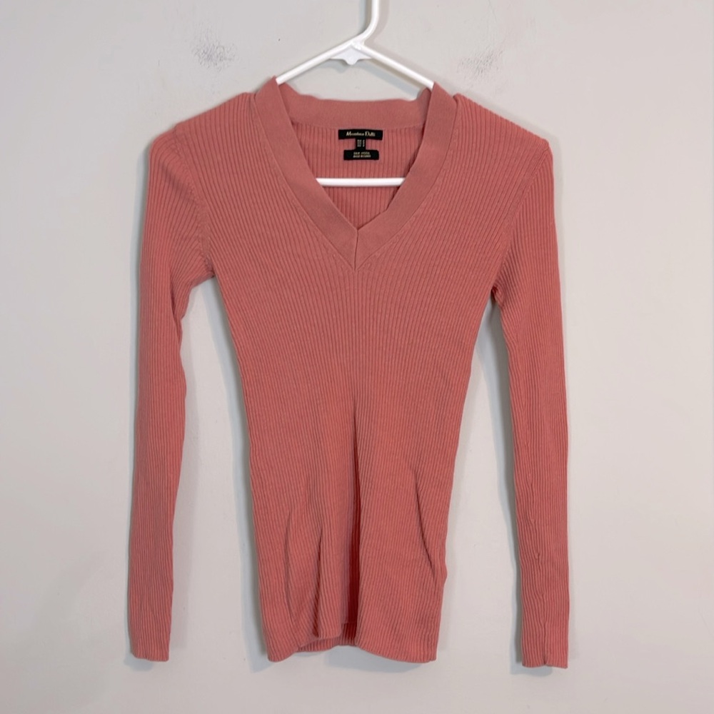 Massimo Dutti V-neck pink ribbed long sleeve shirt size medium
